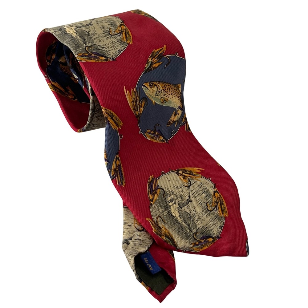 Chaps Ralph Lauren Necktie Mens Red Blue Fish Fisherman Angler Pattern Tie
